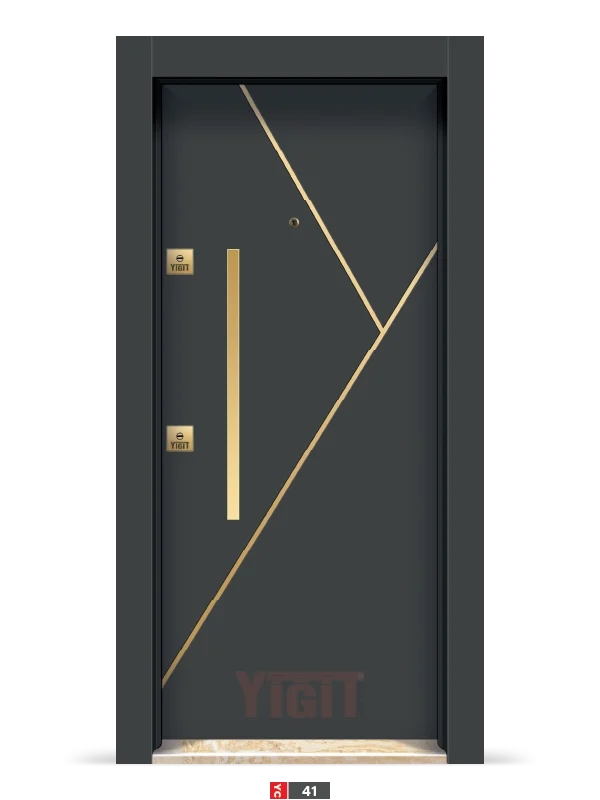 Koyu gri çelik kapı, çapraz altın çizgili