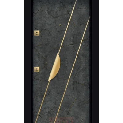 Beyaz çelik kapı, altın geometrik çizgili