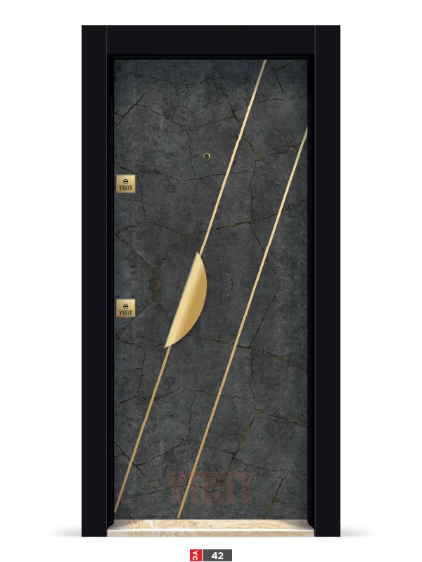 Beyaz çelik kapı, altın geometrik çizgili