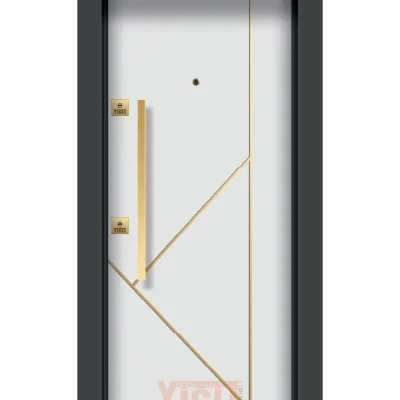 Ahşap desenli çelik kapı, siyah kıvrımlı çizgili