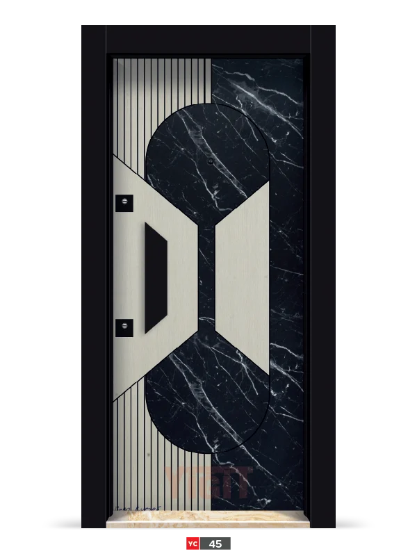 Ahşap desenli çelik kapı, siyah çerçeveli
