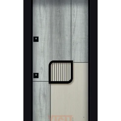 Ahşap panel ve gri alt bölüm kombinasyonlu çelik kapı