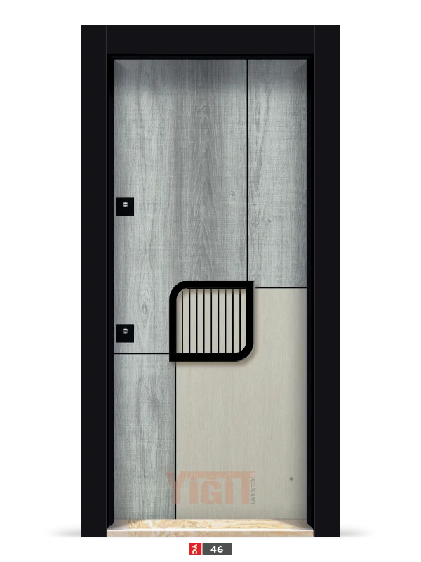 Ahşap panel ve gri alt bölüm kombinasyonlu çelik kapı