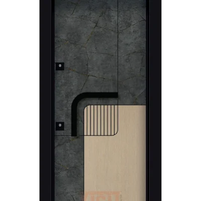 Taş desenli çelik kapı, kıvrımlı metal kulplu