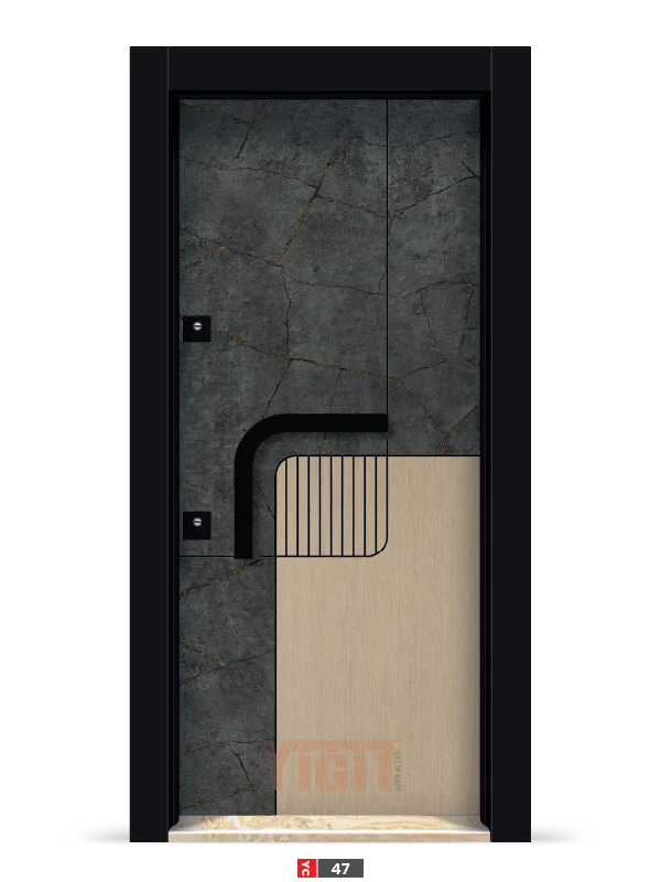 Taş desenli çelik kapı, kıvrımlı metal kulplu