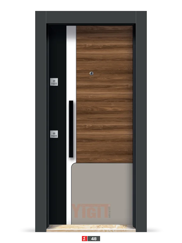 Açık renkli çelik kapı, siyah altıgen desenli