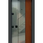 Parlak cam görünümlü gri ve ahşap dikey panelli çelik kapı YC-65
