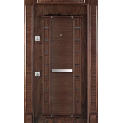 Koyu ahşap çelik güvenlik kapısı, dekoratif çerçeveli klasik tasarım