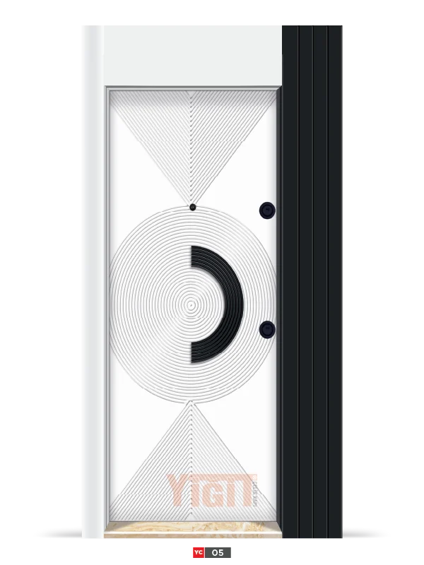 Modern gri çelik kapı, altın detaylı geometrik tasarım