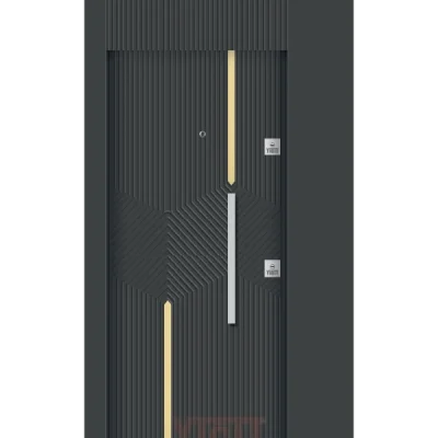 Modern geometrik desenli çelik kapı, siyah-beyaz kontrastlı tasarım	Yiğit Çelik Kapı – Geometrik Modern Model YC 05	Merkezi dairesel desen ve üçgen motiflerle tasarlanmış, siyah-beyaz kontrastlı modern çelik kapı modeli. Estetik simetri ve yüksek güvenlik özelliklerini bir arada sunar.	Yiğit Çelik Kapı’nın modern geometrik modeli YC 05.