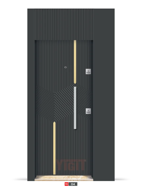 Modern geometrik desenli çelik kapı, siyah-beyaz kontrastlı tasarım	Yiğit Çelik Kapı – Geometrik Modern Model YC 05	Merkezi dairesel desen ve üçgen motiflerle tasarlanmış, siyah-beyaz kontrastlı modern çelik kapı modeli. Estetik simetri ve yüksek güvenlik özelliklerini bir arada sunar.	Yiğit Çelik Kapı’nın modern geometrik modeli YC 05.
