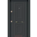 Konsantrik dikdörtgen desenli, koyu renkli modern çelik kapı. Dekoratif kulp ve güvenlik detaylarıyla estetik ve dayanıklılığı bir arada sunar.