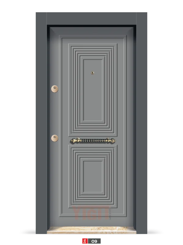 Gri çelik kapı, konsantrik dikdörtgen desenli