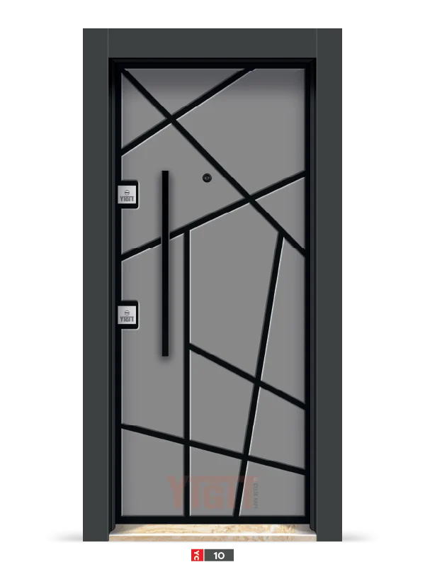 Gri çelik kapı, siyah çizgili geometrik tasarım