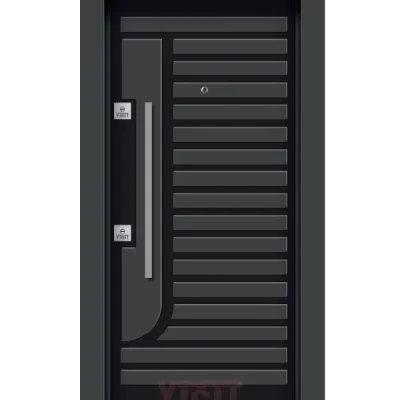 Siyah çelik kapı, yatay metal şeritli tasarım