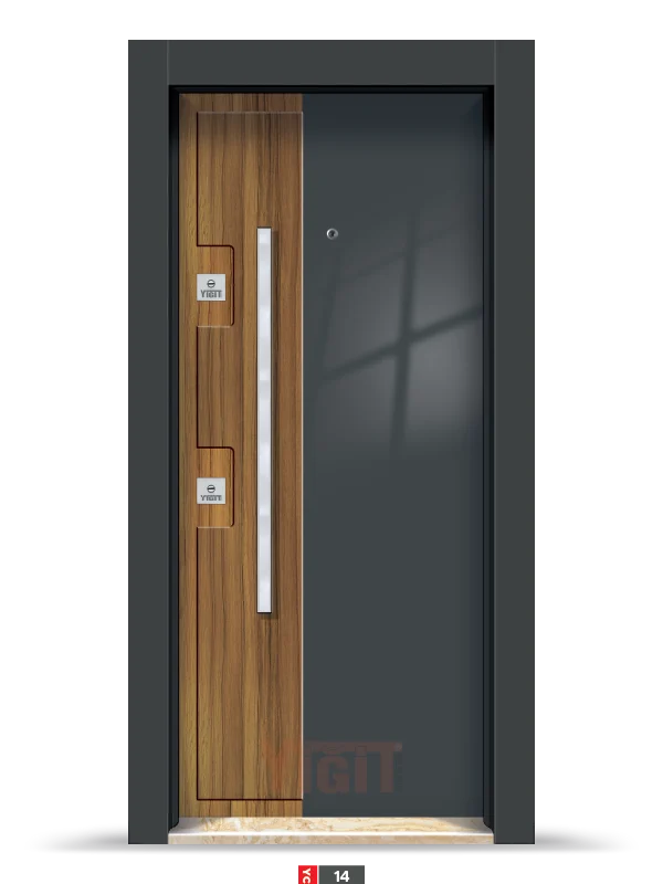 Siyah ve ahşap kombinasyonlu modern çelik kapı