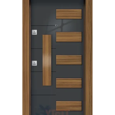 Siyah çelik kapı, yatay ahşap panelli tasarım