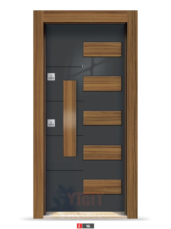 Siyah çelik kapı, yatay ahşap panelli tasarım