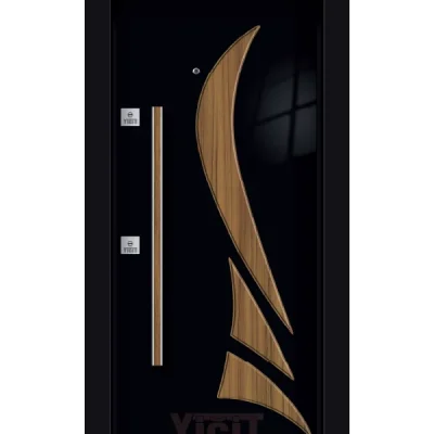 Siyah çelik kapı, artistik ahşap desenli