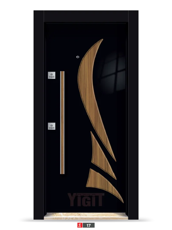 Siyah çelik kapı, artistik ahşap desenli