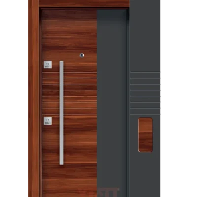 Ahşap yüzeyli modern çelik kapı, metalik kulplu