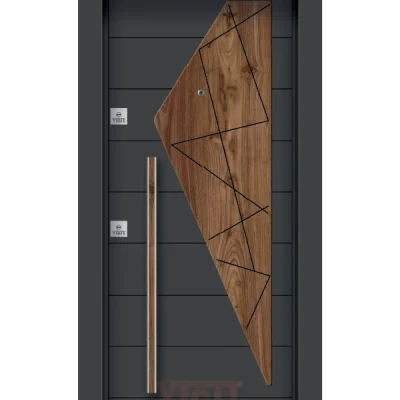 Siyah çelik kapı, ahşap geometrik panel detaylı