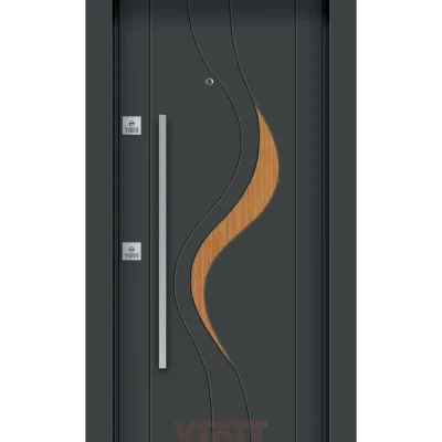 Koyu gri çelik kapı, ahşap kıvrımlı desenli