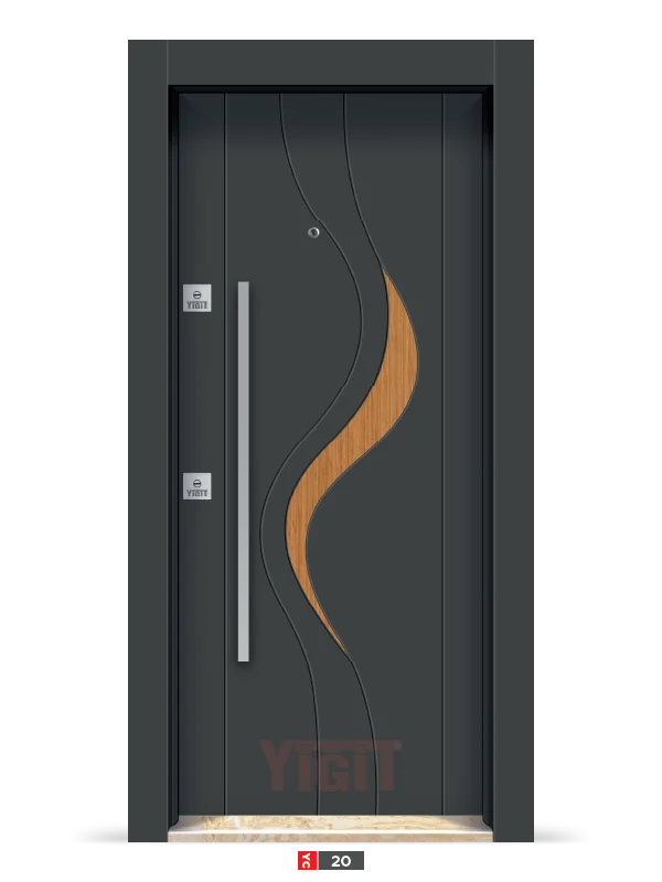 Koyu gri çelik kapı, ahşap kıvrımlı desenli