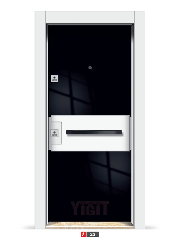 Siyah çelik kapı, beyaz yatay panel detaylı