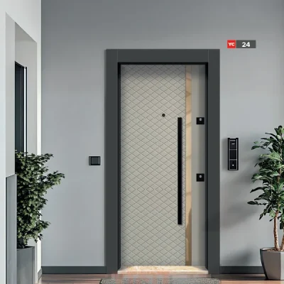 Siyah çelik kapı, elmas desenli ve dekoratif giriş