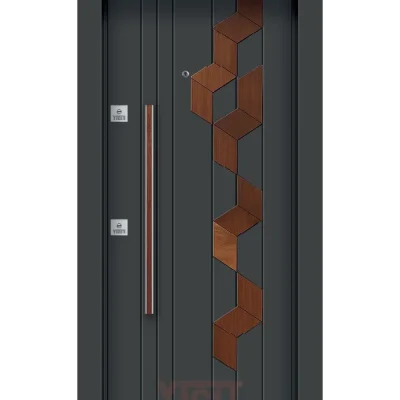 Koyu gri çelik kapı, ahşap altıgen desenli