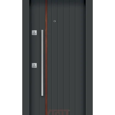 Koyu renkli çelik kapı, dikey ahşap şeritli