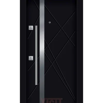 Siyah çelik kapı, çapraz çizgili geometrik tasarım