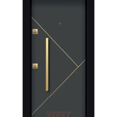 Koyu gri çelik kapı, altın çizgili geometrik tasarım