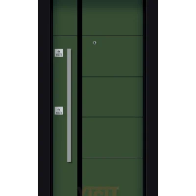 Yeşil çelik kapı, yatay panelli modern tasarım