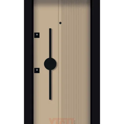 Bej çelik kapı, siyah dairesel detaylı