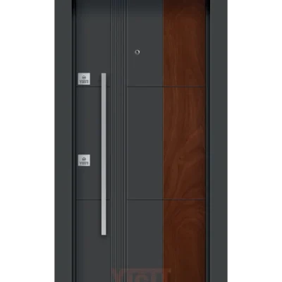 Siyah ve ahşap kombinasyonlu çelik kapı