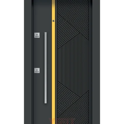 Siyah çelik kapı, altın detaylı geometrik tasarım