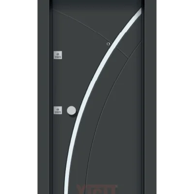 Koyu renkli çelik kapı, beyaz kıvrımlı çizgili tasarım